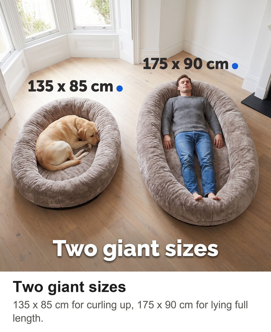 Human dog bed size guide showing the 135 x 85 cm and 175 x 90 cm sizes