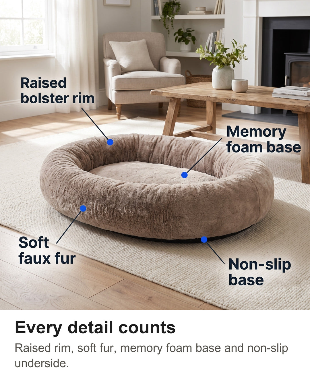 Human dog bed with raised bolster rim, soft faux fur, memory foam base and non-slip base labelled