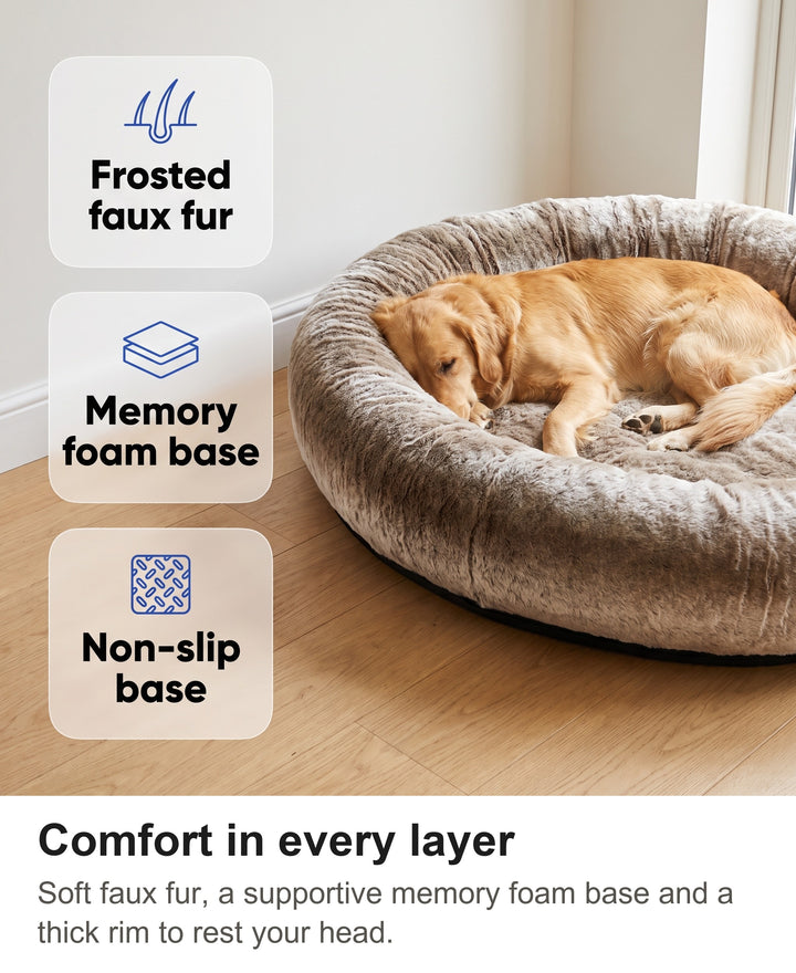 Giant human dog bed with chips: frosted faux fur, memory foam base, non-slip base