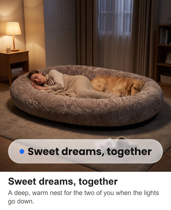 Woman and golden retriever asleep together in the giant khaki dog bed by lamp light