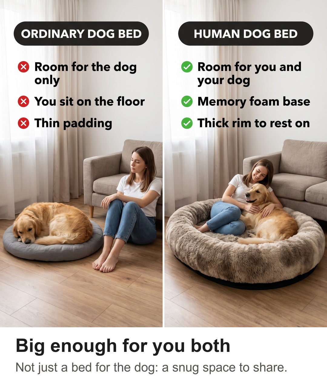 Comparison of an ordinary dog bed with the giant human dog bed shared by a woman and a dog