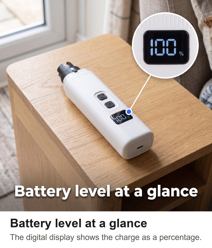 Pet nail grinder battery display showing 100 percent