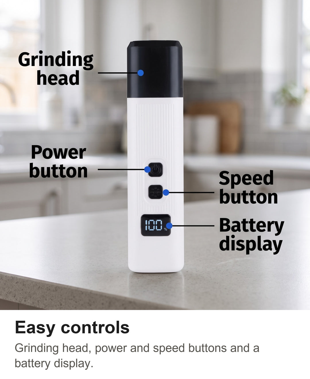 Rechargeable nail grinder with grinding head, power button, speed button and battery display labelled