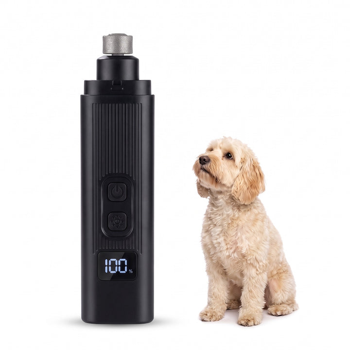 Black rechargeable dog nail grinder with battery display, diamond grinding head uncovered, next to a Cockapoo