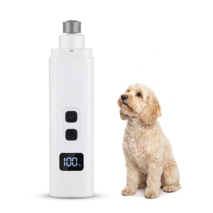 White rechargeable dog nail grinder with battery display, diamond grinding head uncovered, next to a Cockapoo