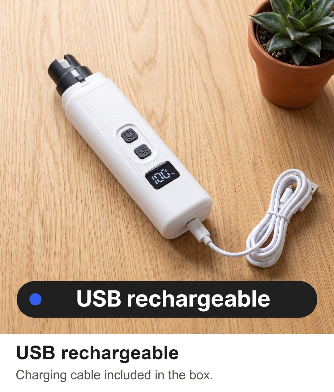 Rechargeable pet nail grinder with its USB charging cable