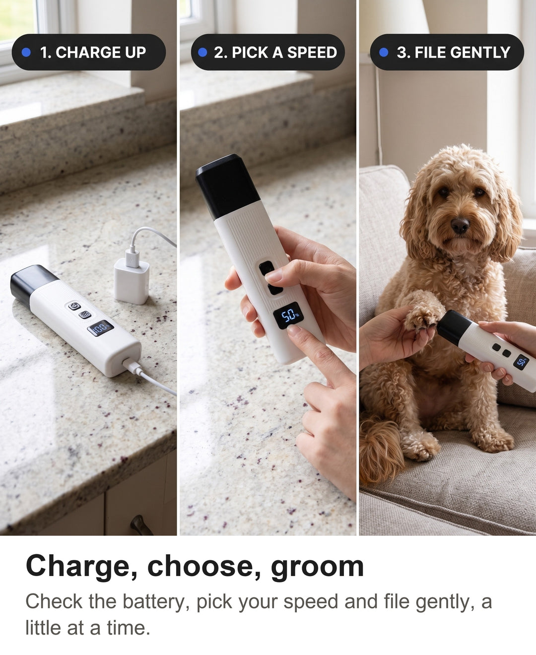 Three steps with the nail grinder: charge it, choose a speed, file gently
