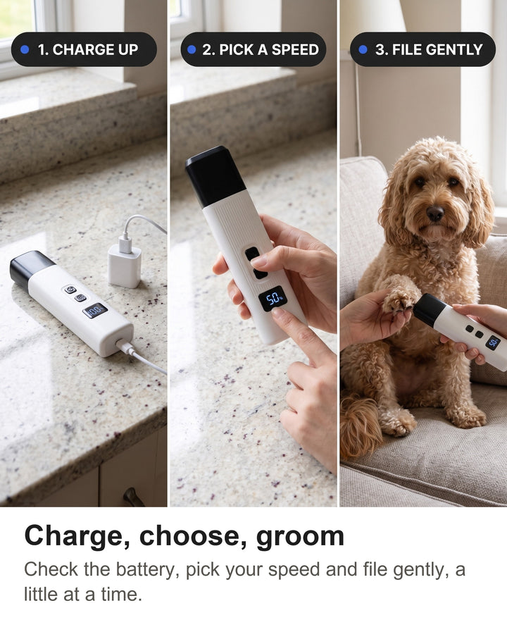 Three steps with the nail grinder: charge it, choose a speed, file gently