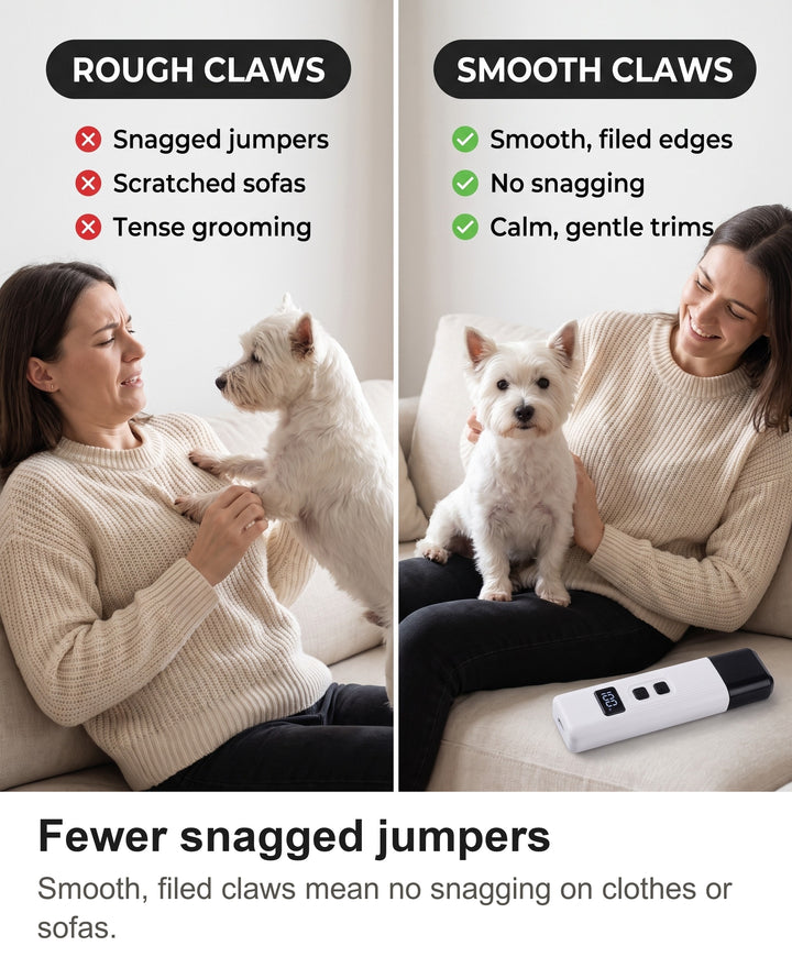 Comparison of rough claws snagging a jumper with smooth claws after using the nail grinder