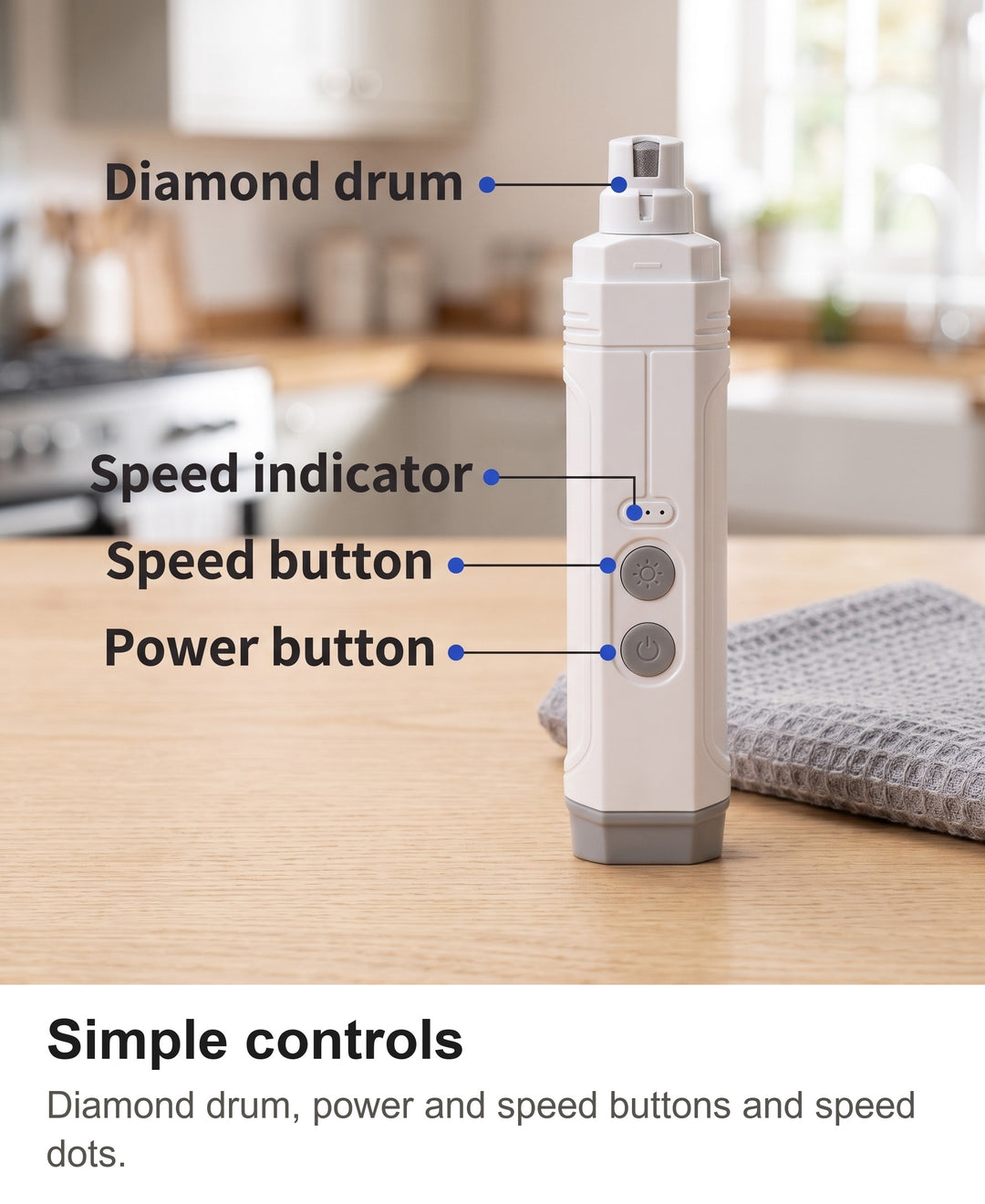 Electric nail grinder with diamond drum, speed indicator, speed button and power button labelled