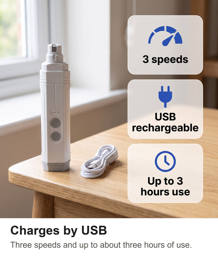 Pet nail grinder with USB cable, 3 speeds and up to 3 hours use
