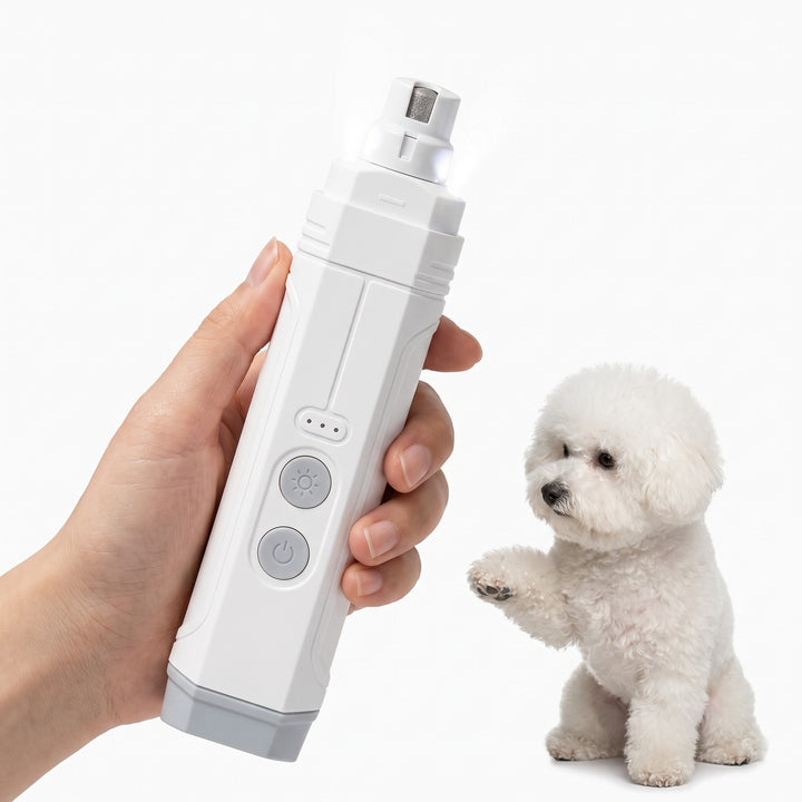 White electric dog nail grinder with LED light filing a Bichon claw