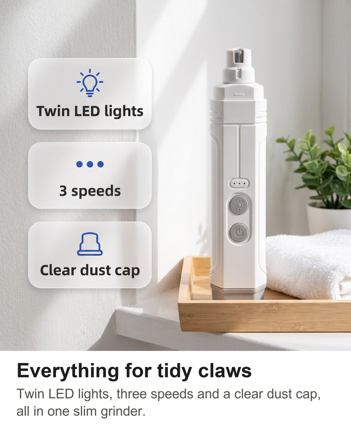 Nail grinder with chips: twin LED lights, 3 speeds, clear dust cap