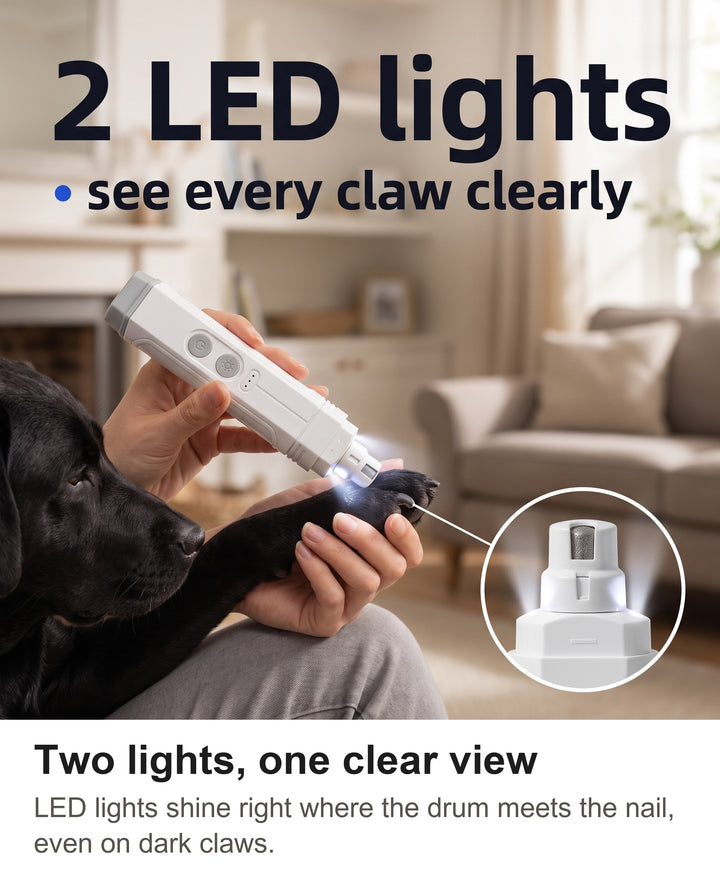 Dog nail grinder with two LED lights lit on a dark claw and a zoom on the grinding head