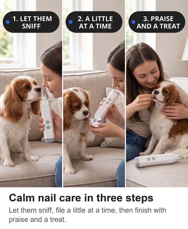 Three steps with the dog nail grinder: let the dog sniff it, file a little at a time, praise and a treat