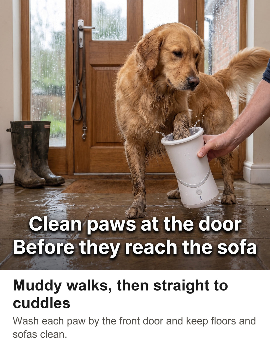 Golden Retriever with a muddy paw in the white automatic dog paw cleaner in a hallway