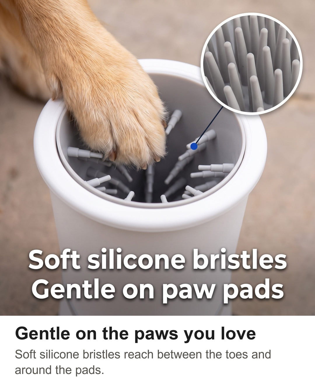 Soft silicone bristles inside the dog feet cleaner with a paw pad touching them