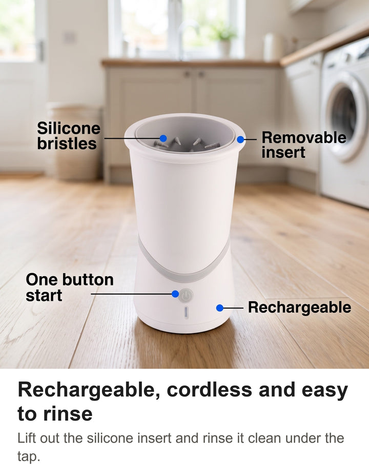 White paw washer with silicone bristles, removable insert, one button start and rechargeable body labelled
