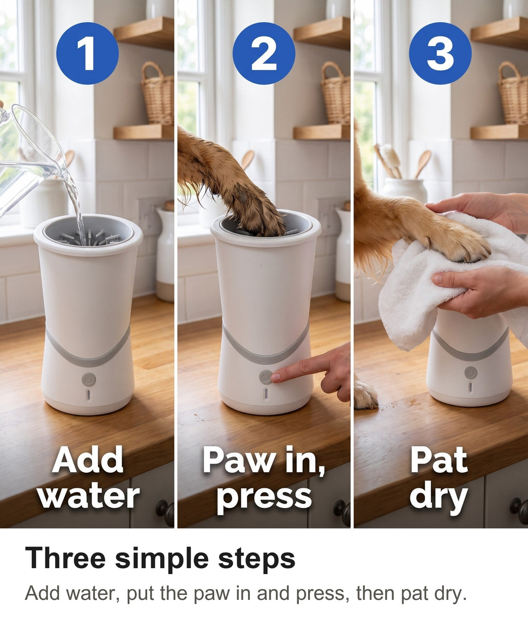 How to use the dog paw washer in three steps: add water, paw in and press, pat dry