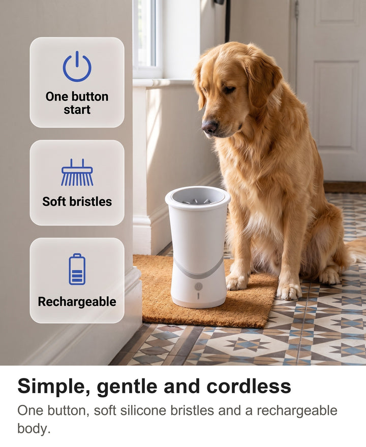 Dog paw washer with chips: one button start, silicone bristles, rechargeable