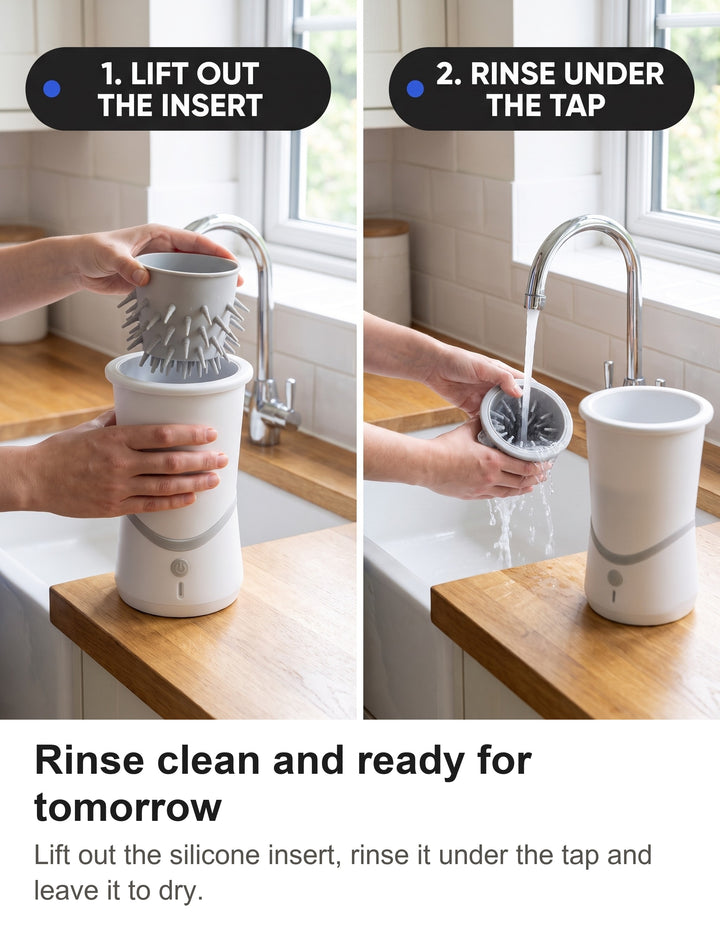 Lifting out the silicone insert and rinsing it under the kitchen tap
