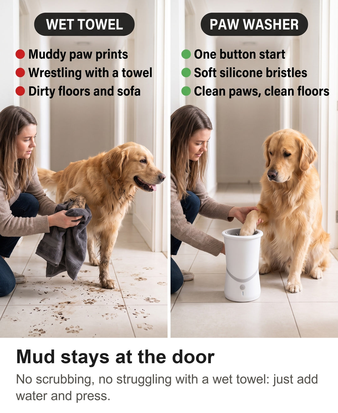 Comparison of wrestling a muddy paw with a towel and using the paw washer