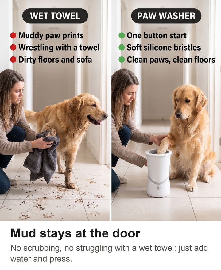 Comparison of wrestling a muddy paw with a towel and using the paw washer