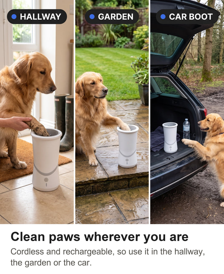 Paw washer used in a hallway, in a garden and in a car boot
