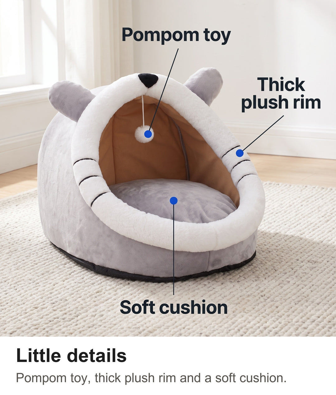 Cat igloo bed with pompom toy, thick plush rim and soft cushion labelled