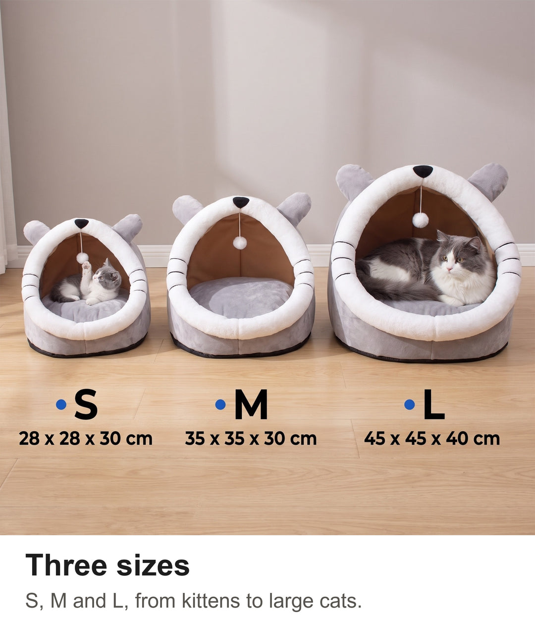 Three sizes of the cat cave bed side by side with a kitten and an adult cat