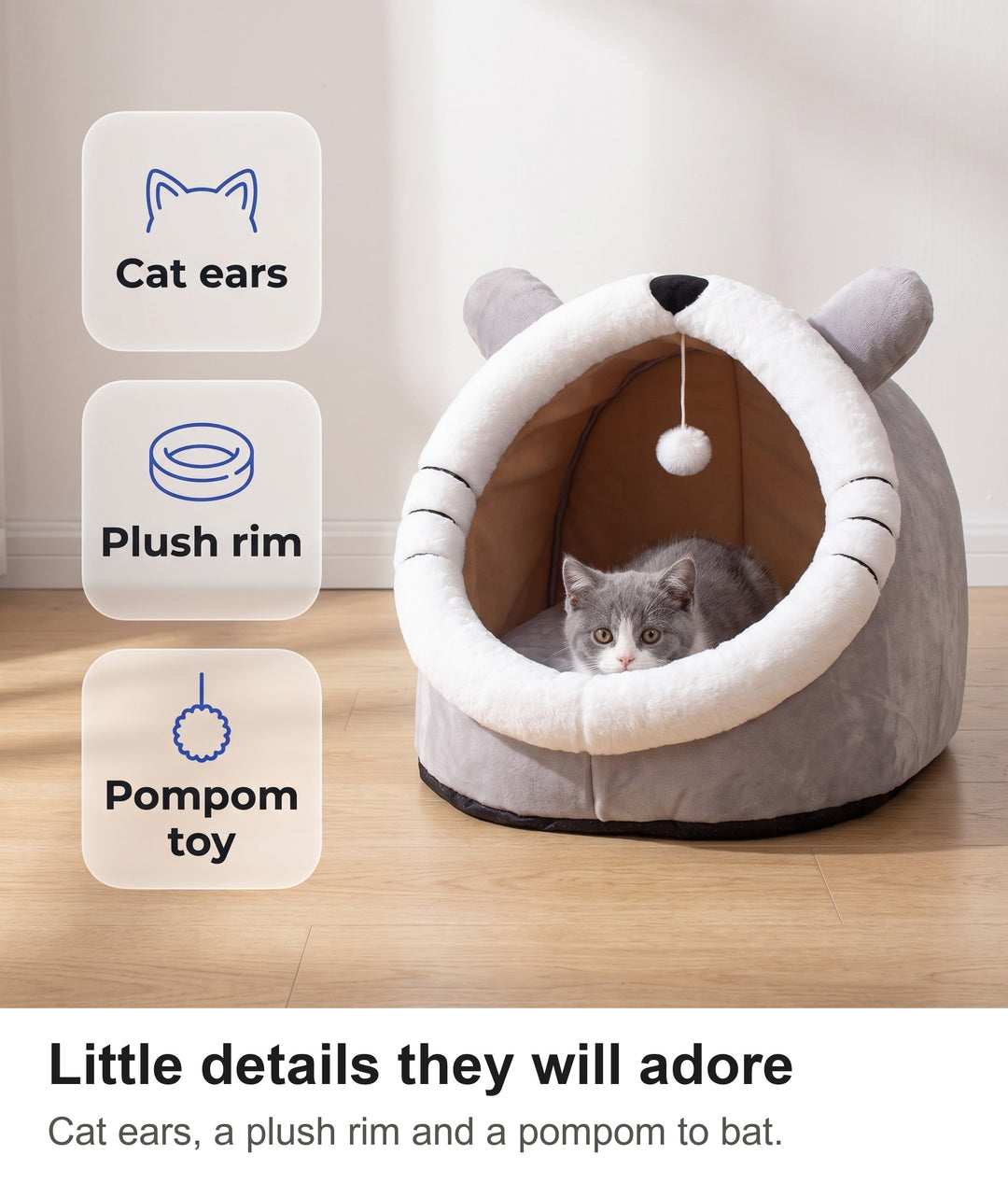 Cat igloo bed with chips: cat ears, plush rim, pompom toy