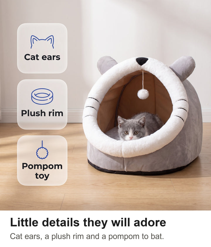 Cat igloo bed with chips: cat ears, plush rim, pompom toy