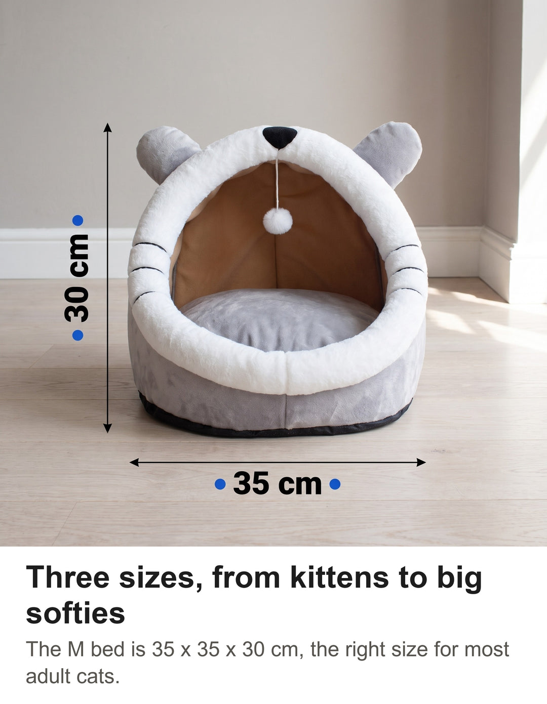 Grey cat cave bed in size M with its size marked: 35 cm wide, 35 cm deep, 30 cm high
