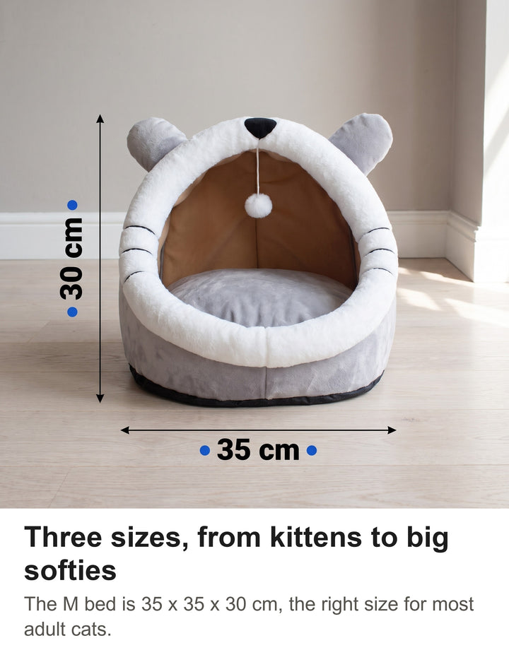Grey cat cave bed in size M with its size marked: 35 cm wide, 35 cm deep, 30 cm high