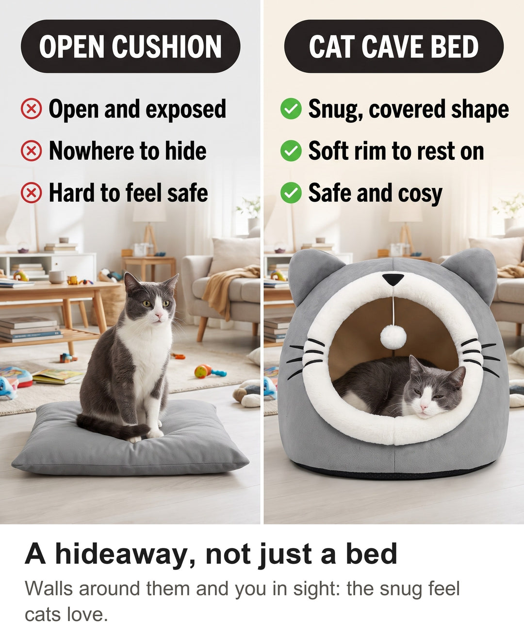 Comparison of a cat on an open flat cushion with a cat in the covered cat cave bed