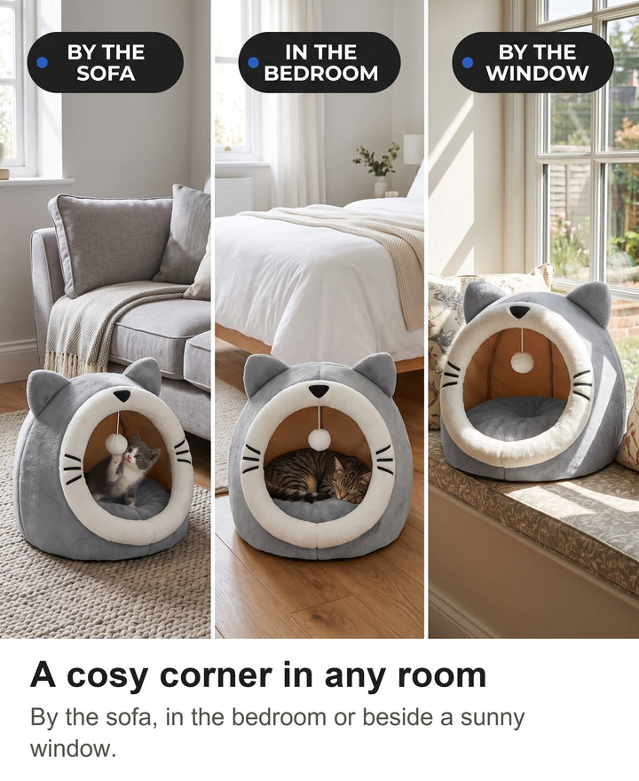 Cat cave bed beside a sofa, in a bedroom and by a window