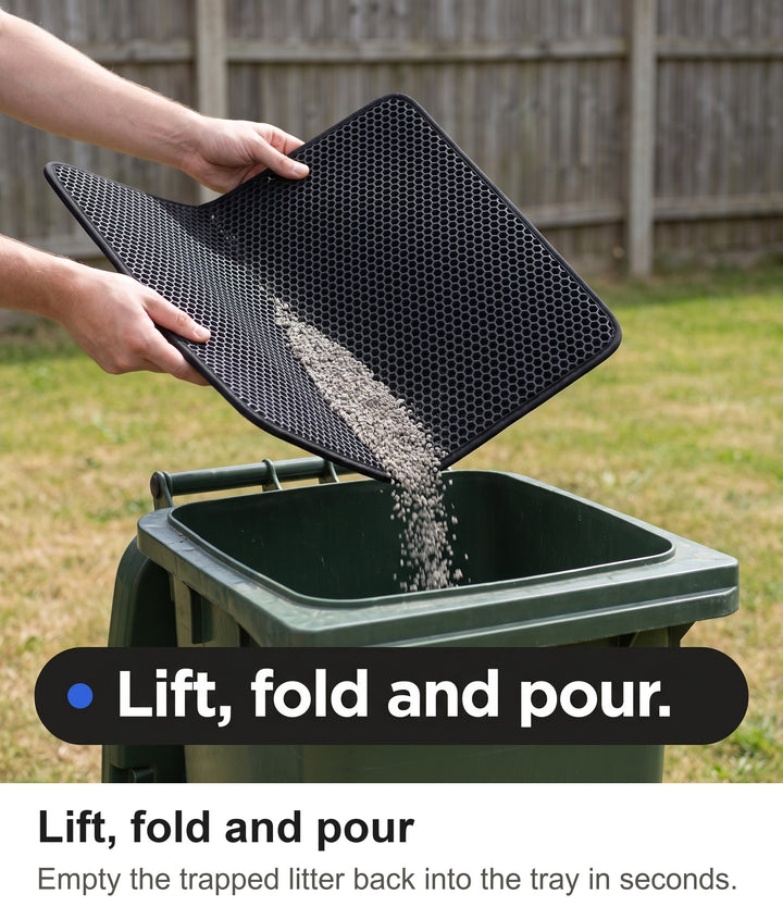 Hands folding the black cat litter mat open to pour trapped litter into a garden bin