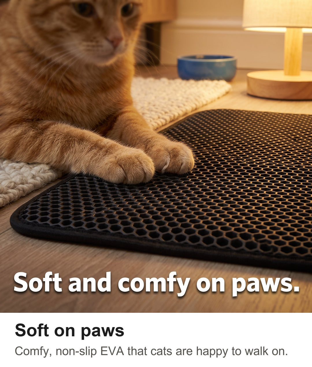 Ginger cat paws resting on the soft honeycomb of the cat litter mat
