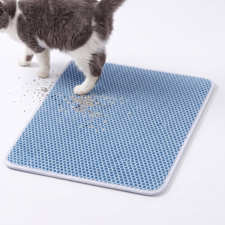 Blue double layer cat litter mat with a cat stepping off it