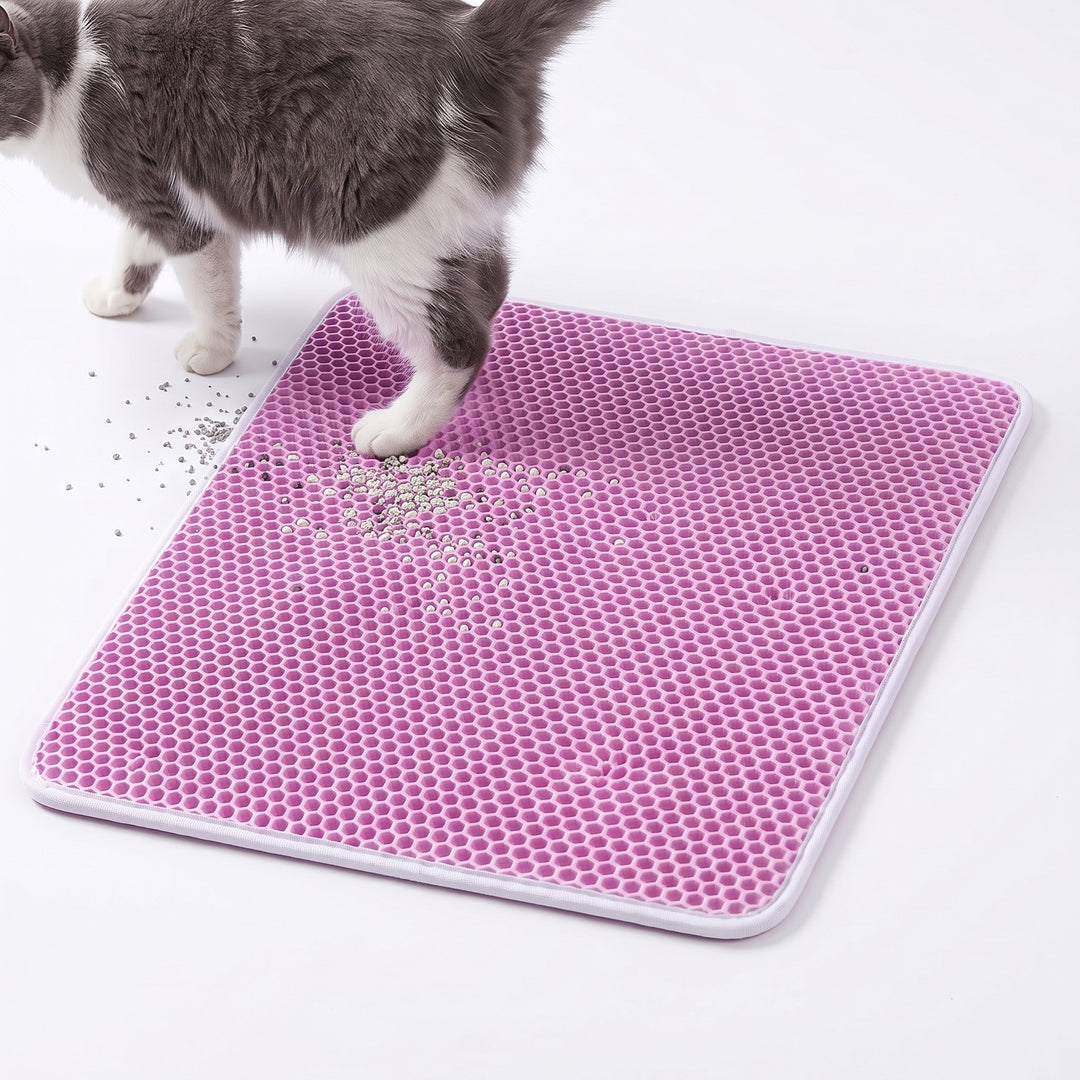 Pink double layer cat litter mat with a cat stepping off it