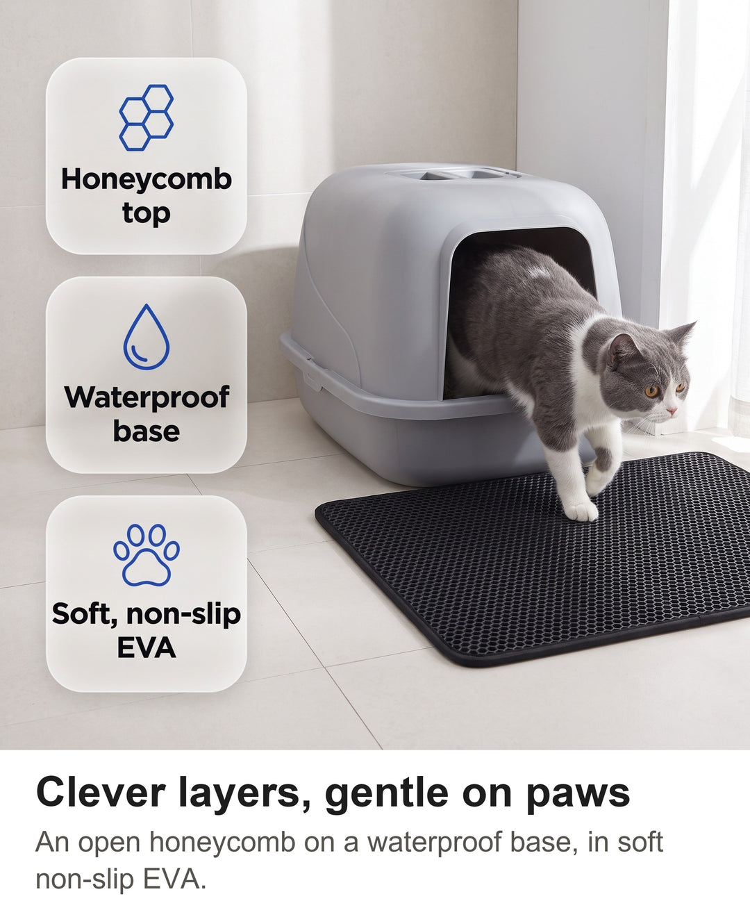 Cat litter mat with chips: honeycomb top, waterproof base, soft non-slip EVA