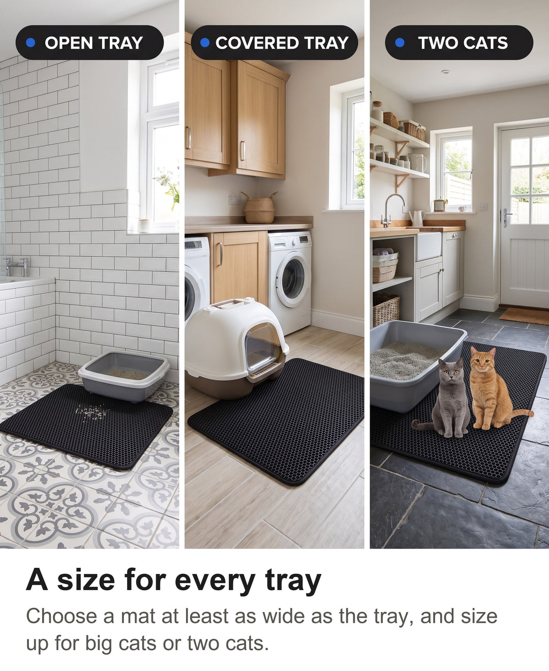 Litter mats in front of an open tray, a covered tray and a large tray