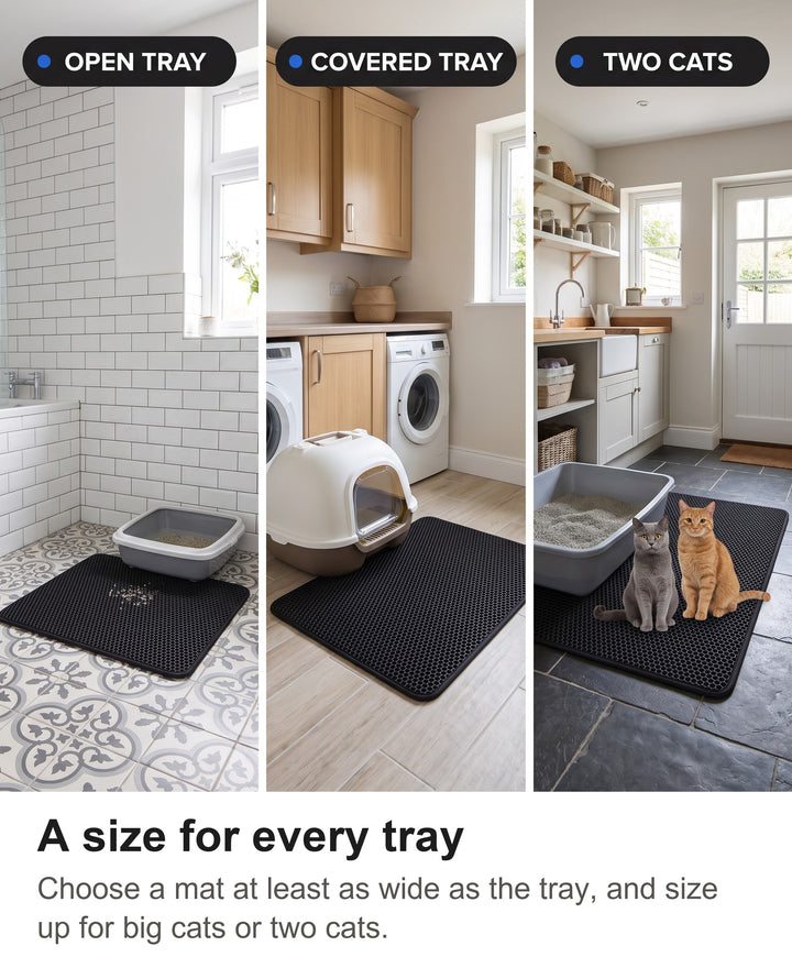 Litter mats in front of an open tray, a covered tray and a large tray
