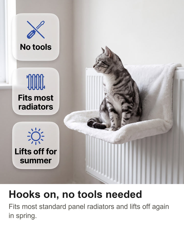 Cat radiator bed with chips: no tools, fits standard radiators, lifts off in spring