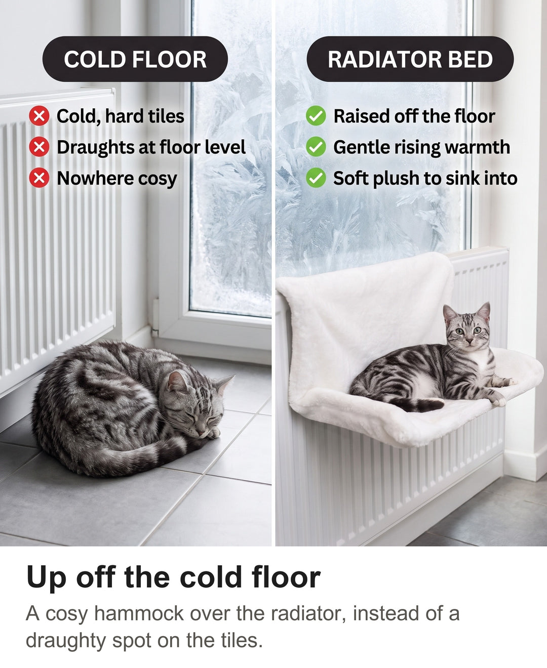 Comparison of a cat on a cold floor with a cat in the radiator bed