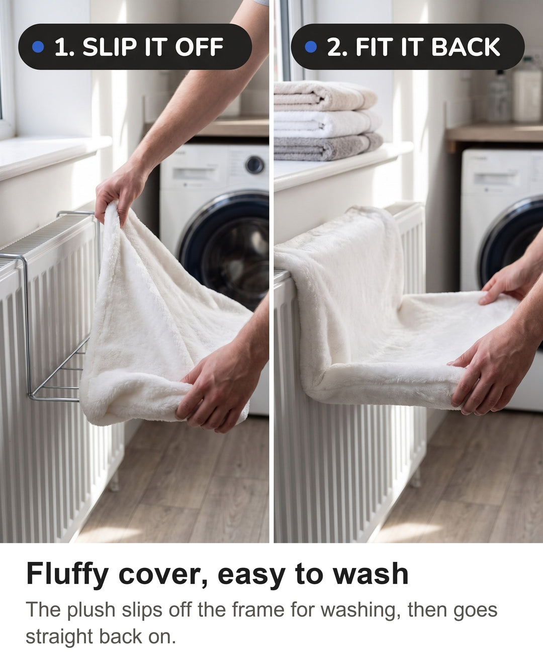 Two steps washing the cat radiator bed: slip off the plush cover, then fit it back on the frame