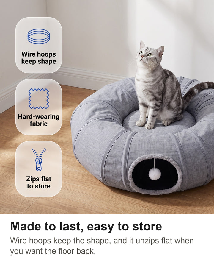 Cat tunnel bed with chips: wire hoops, hard-wearing fabric, zips flat