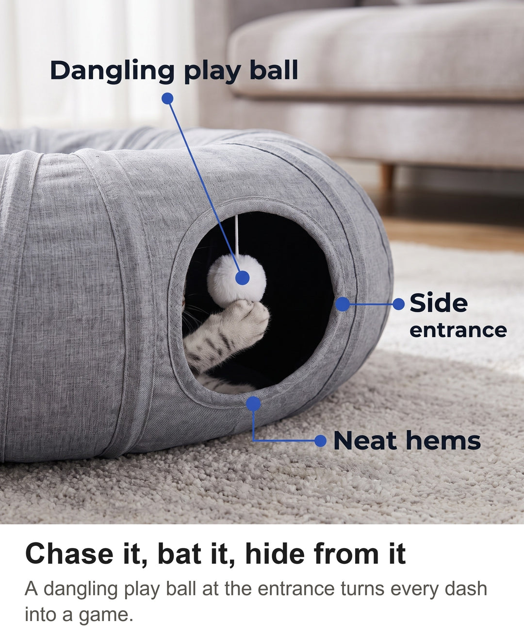 Close-up of the cat tunnel entrance with the dangling white play ball
