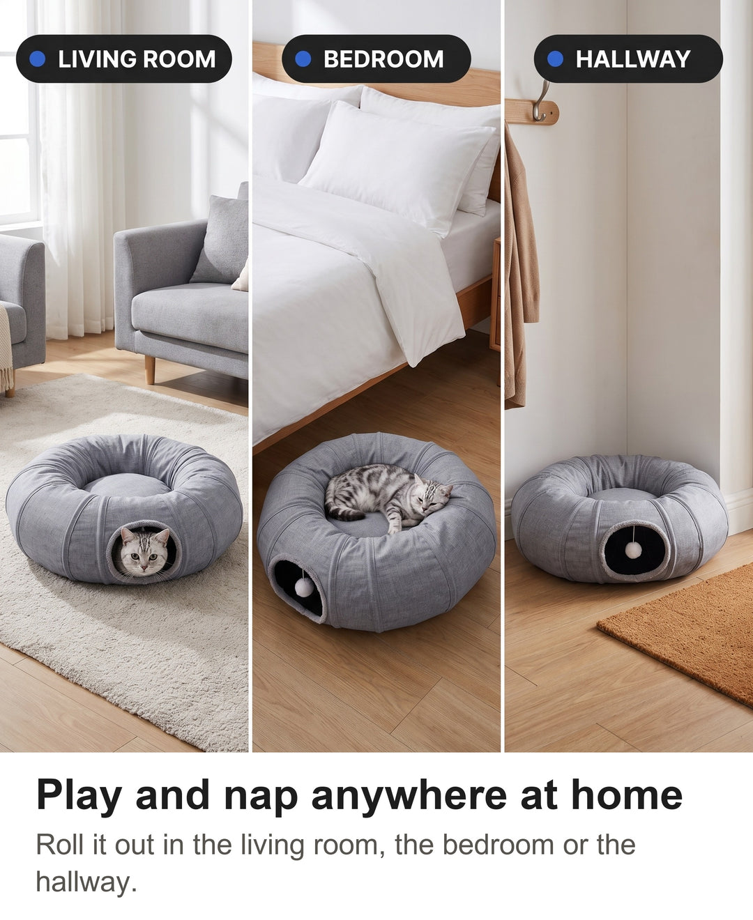 Cat tunnel bed in a living room, a bedroom and a hallway