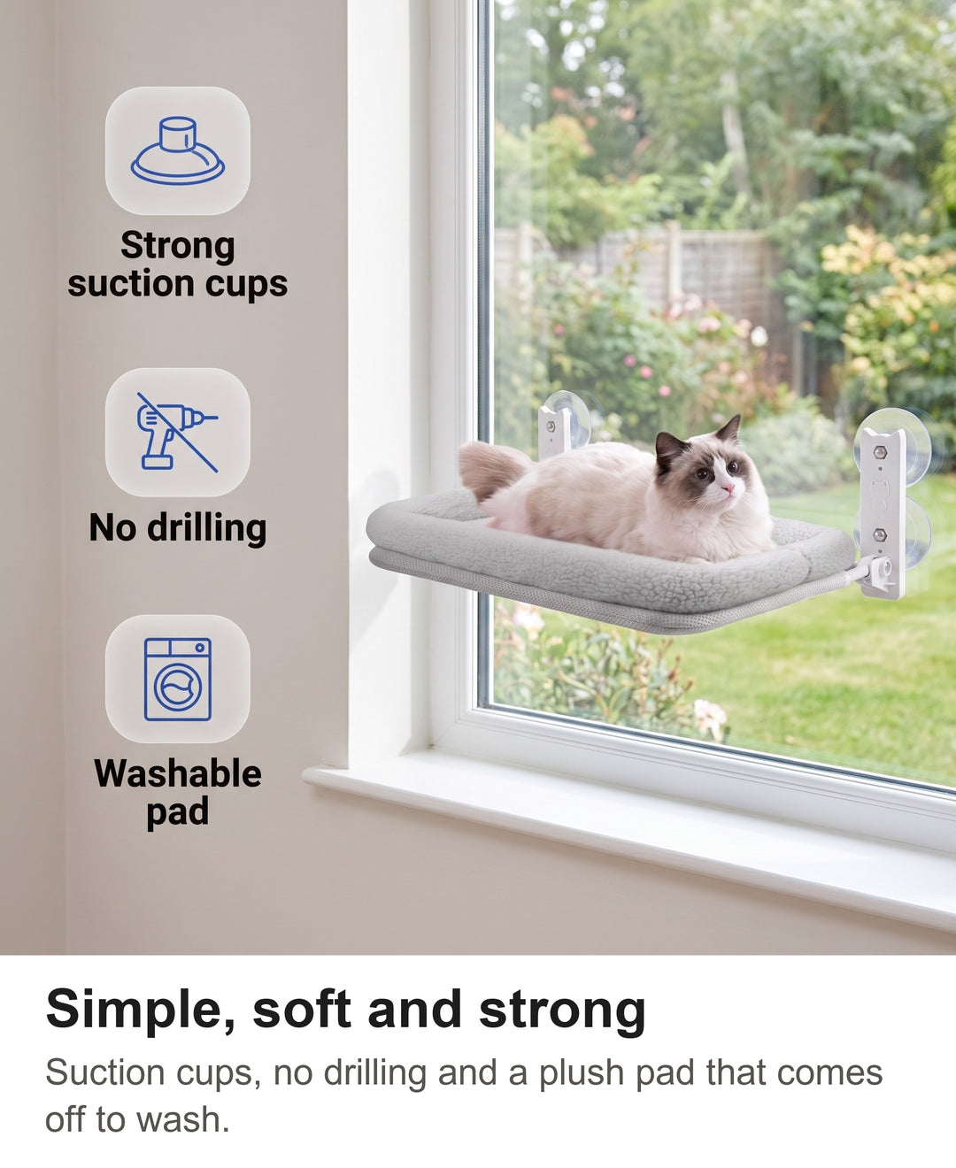 Cat window perch with chips: strong suction cups, no drilling, washable pad